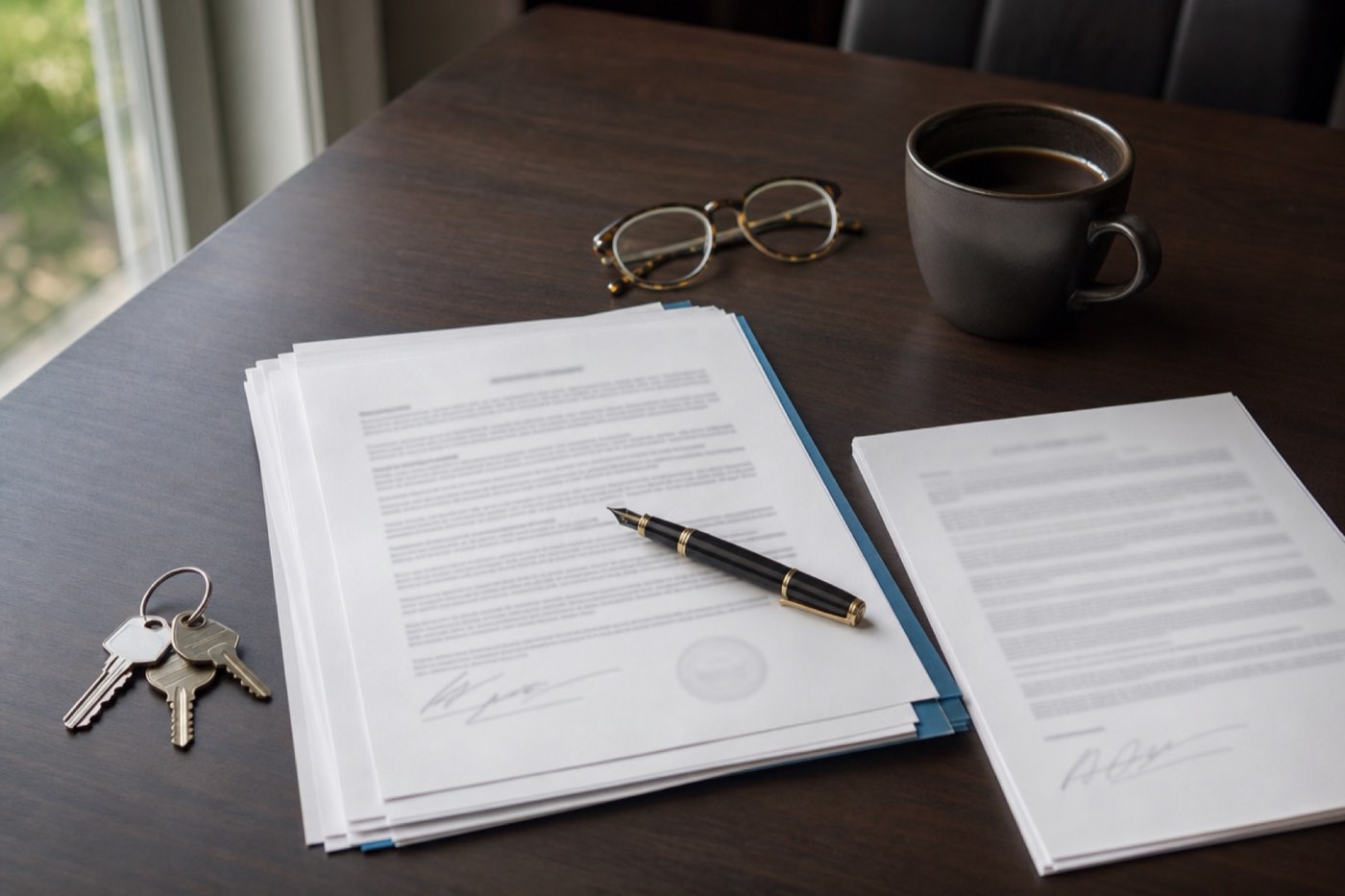 Signed mortgage papers, a pen and house keys on a desk