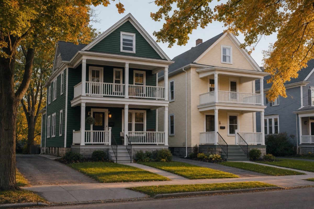 Two renovated two-family houses on a tree-lined street in Rochester, New York in autumn